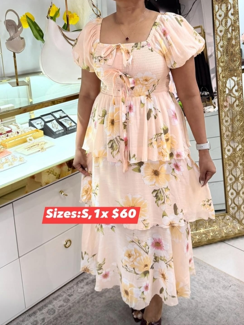 Peach Floral Maxi Dress with Puff Sleeves